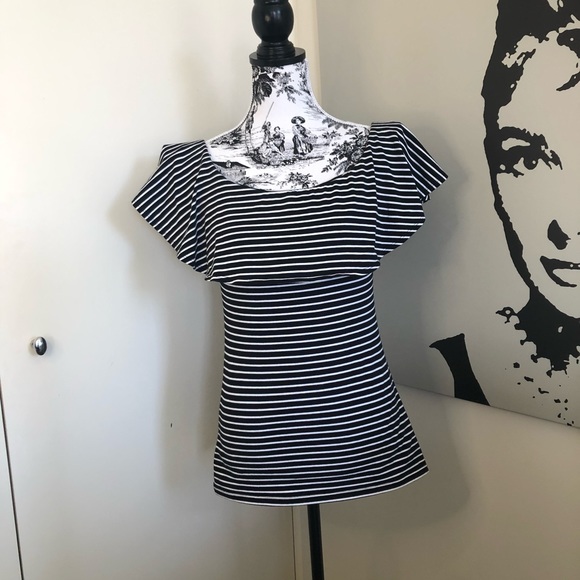 SEED Black/White Stripe Ruffle Off Shoulder Top Casual Cotton Stretch Size S - Picture 5 of 13